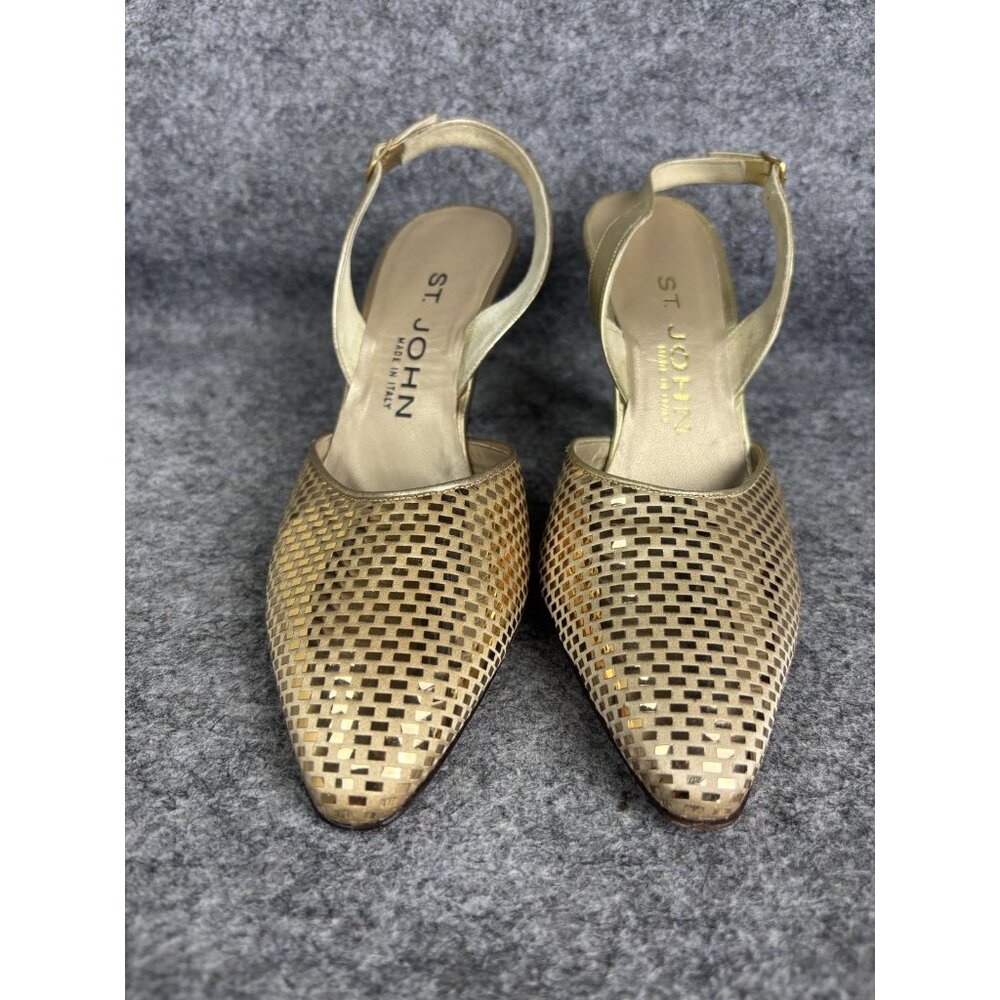 St John Shoes Womens Size 6.5 Gold Slingback Heels‎ Made in Italy Woven Metallic